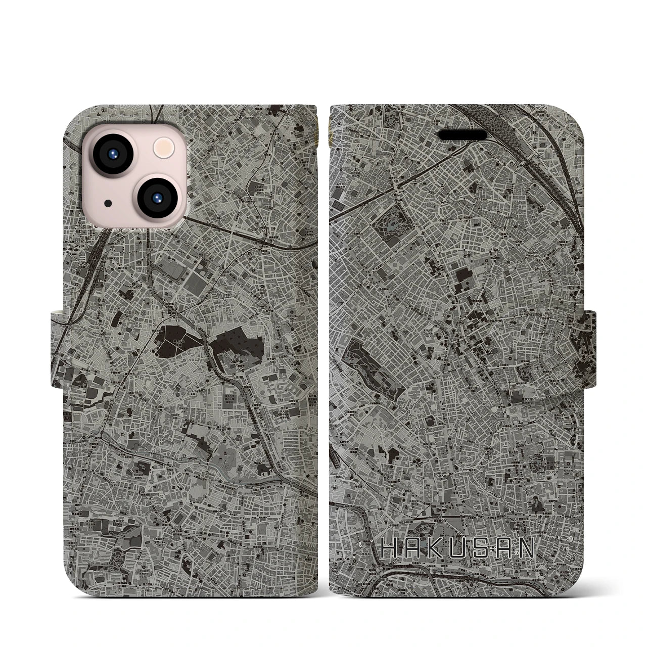 【白山(東京都)】地図柄iPhoneケース(手帳タイプ)モノトーン・iPhone 13 mini 用