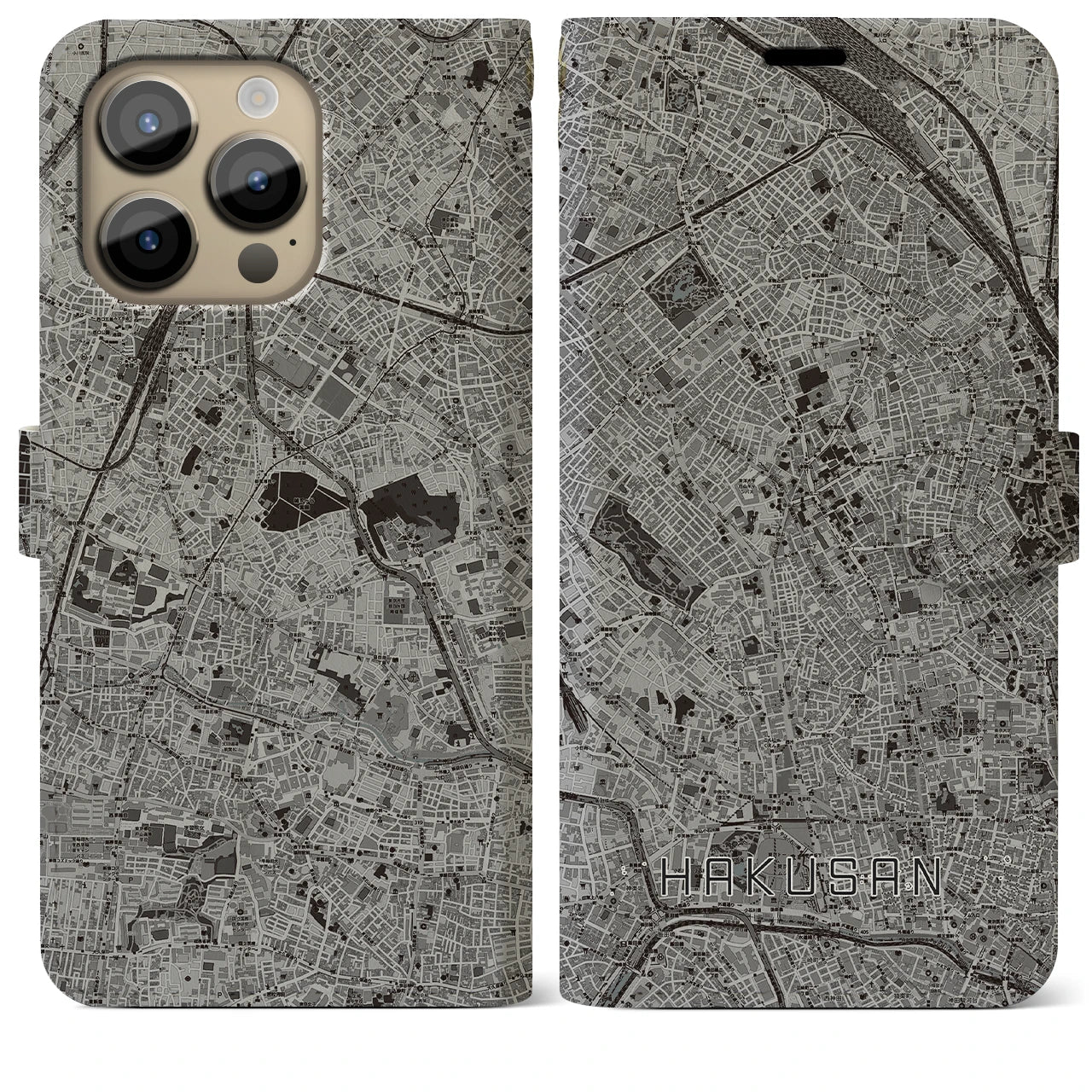 【白山(東京都)】地図柄iPhoneケース(手帳タイプ)モノトーン・iPhone 14 Pro Max 用