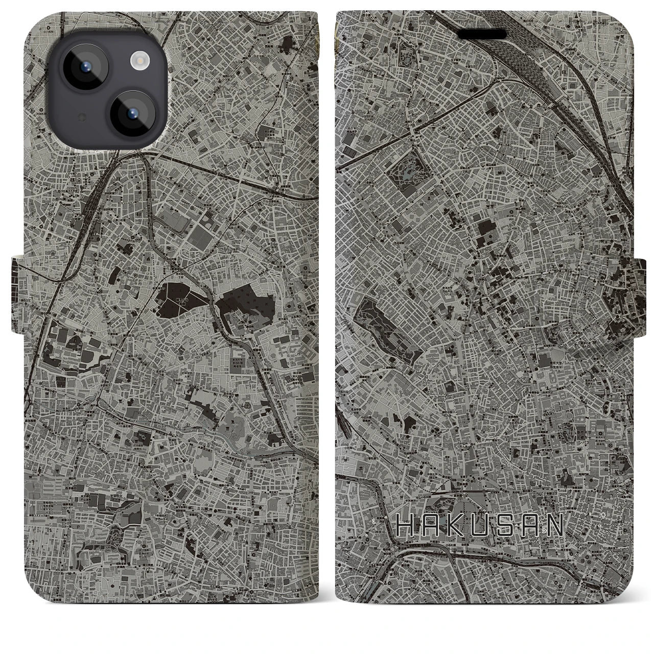 【白山(東京都)】地図柄iPhoneケース(手帳タイプ)モノトーン・iPhone 14 Plus 用