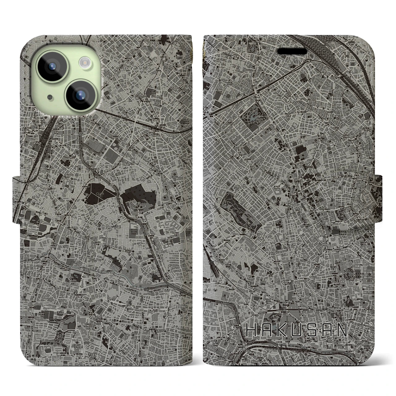 【白山(東京都)】地図柄iPhoneケース(手帳タイプ)モノトーン・iPhone 15 用