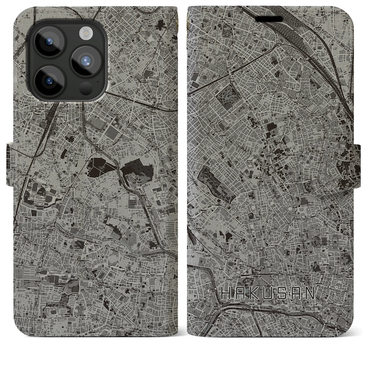 【白山(東京都)】地図柄iPhoneケース(手帳タイプ)モノトーン・iPhone 15 Pro Max 用