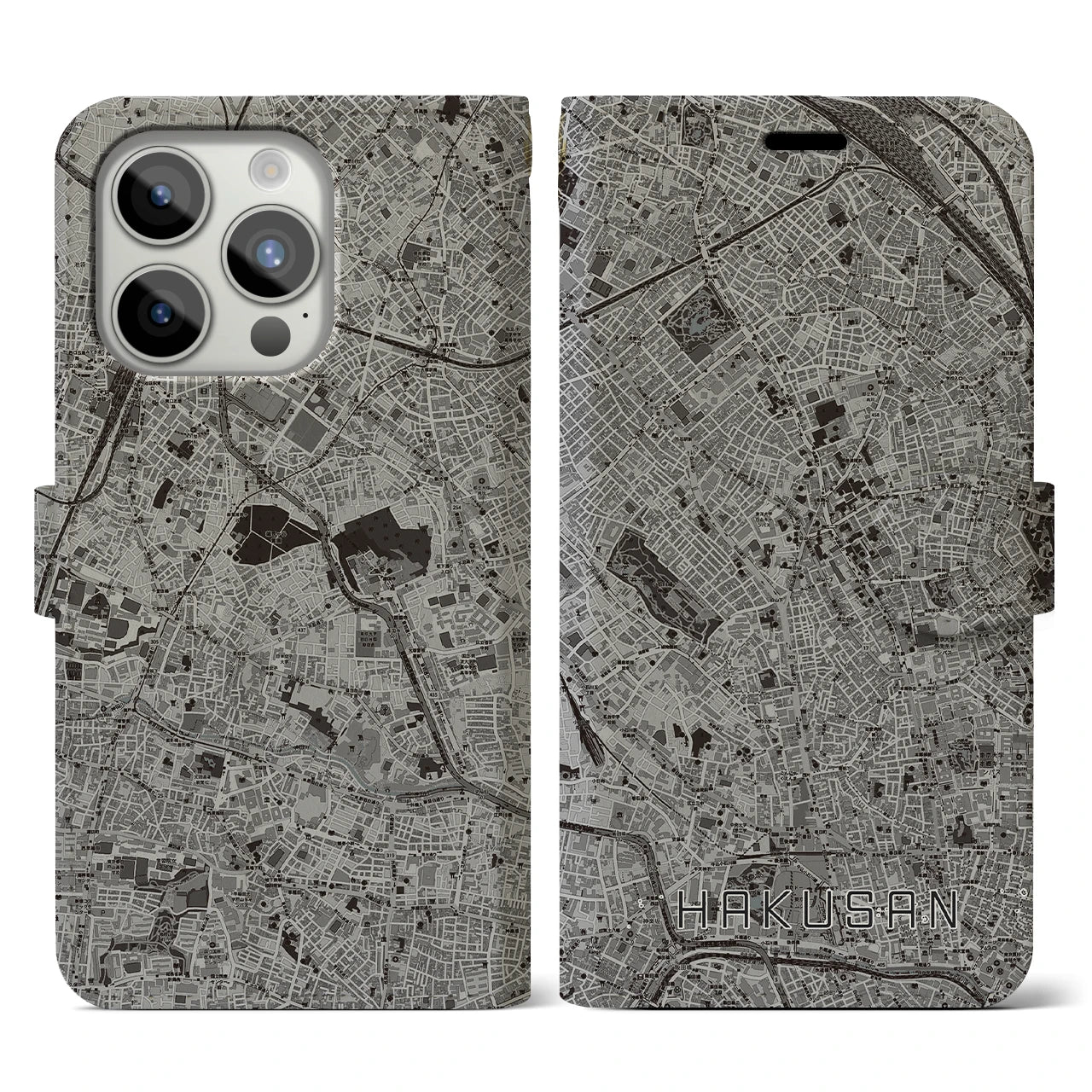 【白山(東京都)】地図柄iPhoneケース(手帳タイプ)モノトーン・iPhone 15 Pro 用