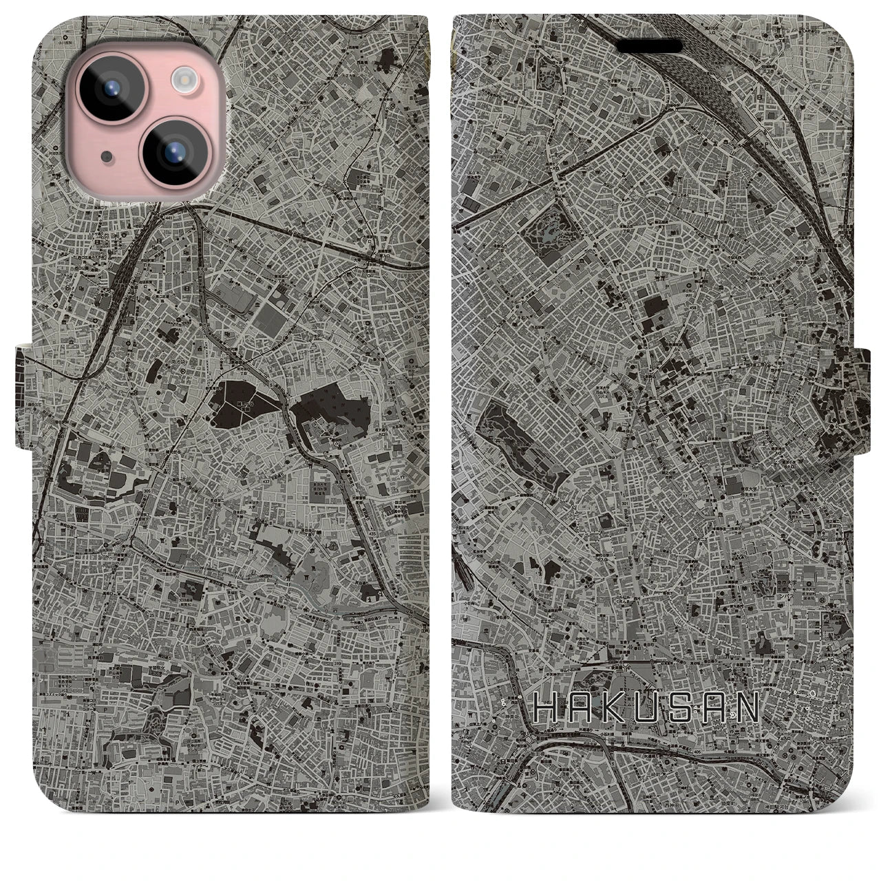【白山(東京都)】地図柄iPhoneケース(手帳タイプ)モノトーン・iPhone 15 Plus 用