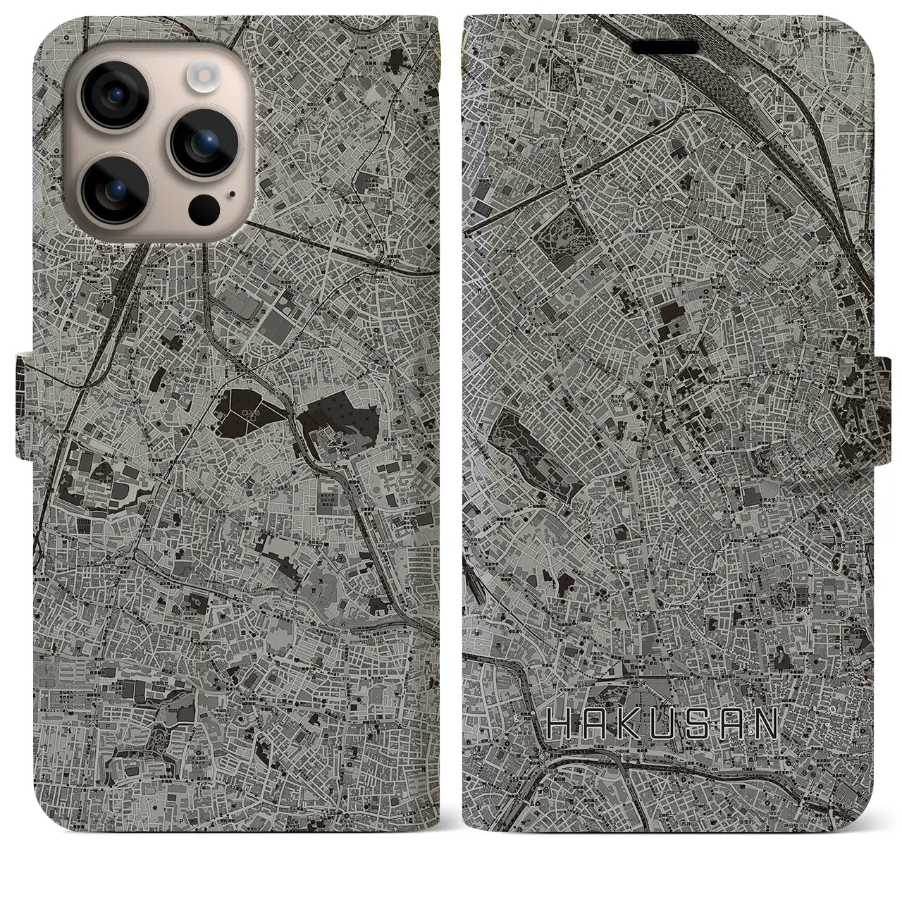 【白山(東京都)】地図柄iPhoneケース(手帳タイプ)モノトーン・iPhone 16 Plus 用