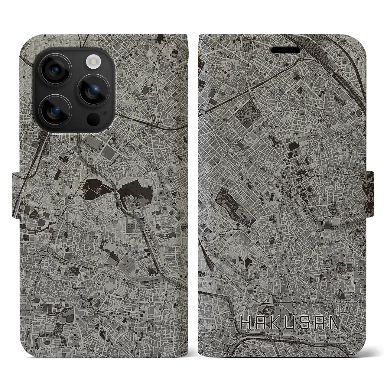 【白山(東京都)】地図柄iPhoneケース(手帳タイプ)モノトーン・iPhone 16 用