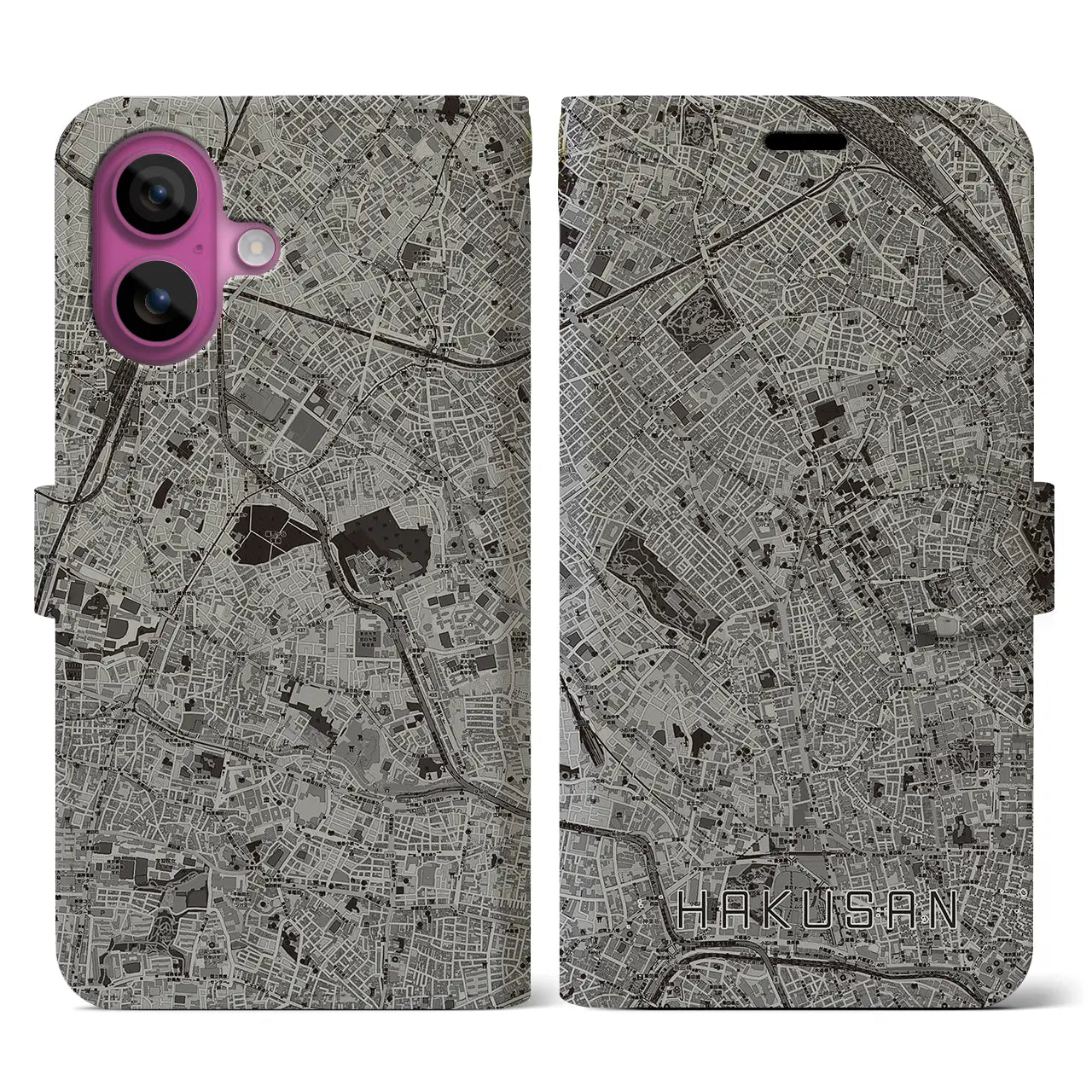 【白山(東京都)】地図柄iPhoneケース(手帳タイプ)モノトーン・iPhone 16 Pro 用