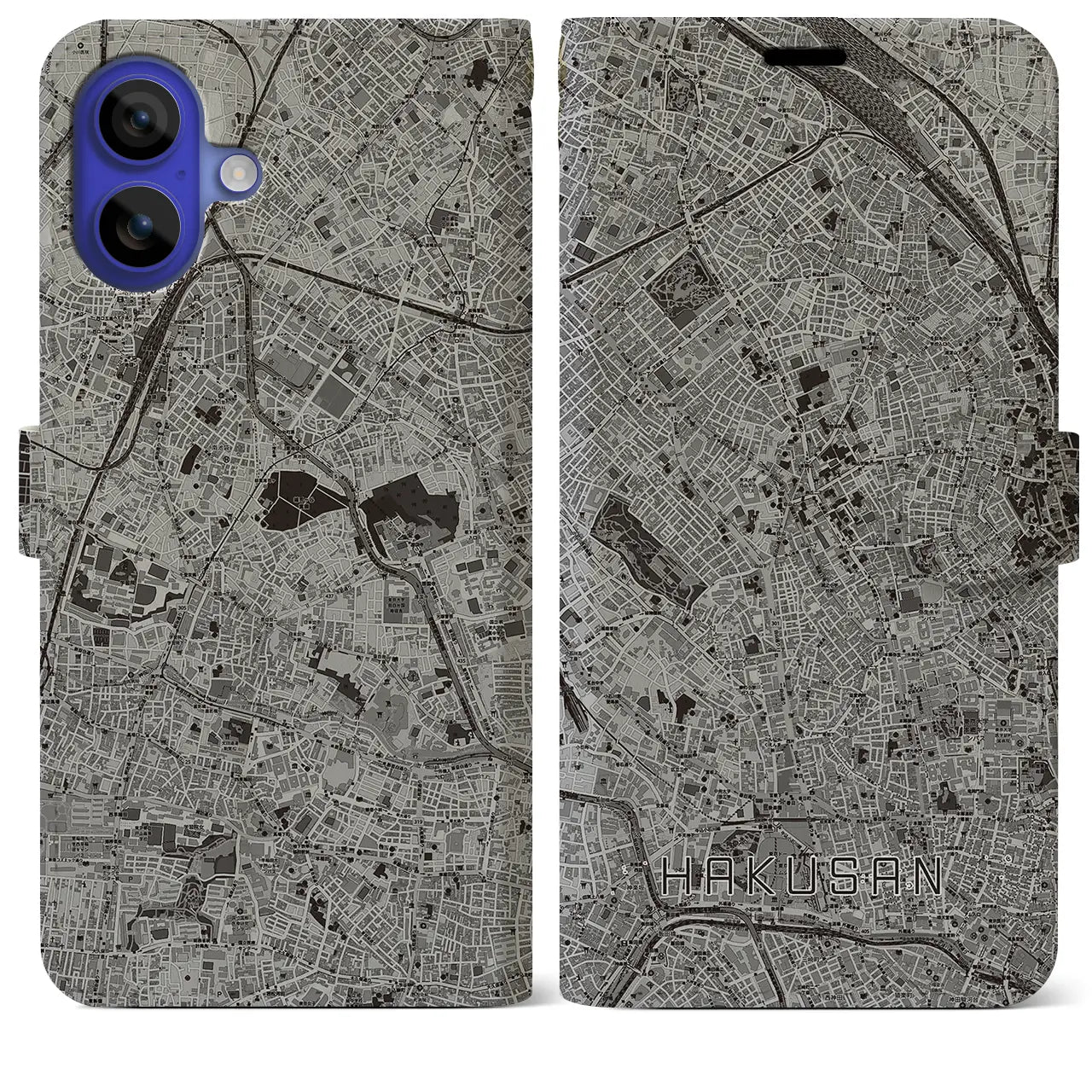 【白山(東京都)】地図柄iPhoneケース(手帳タイプ)モノトーン・iPhone 16 Pro Max 用