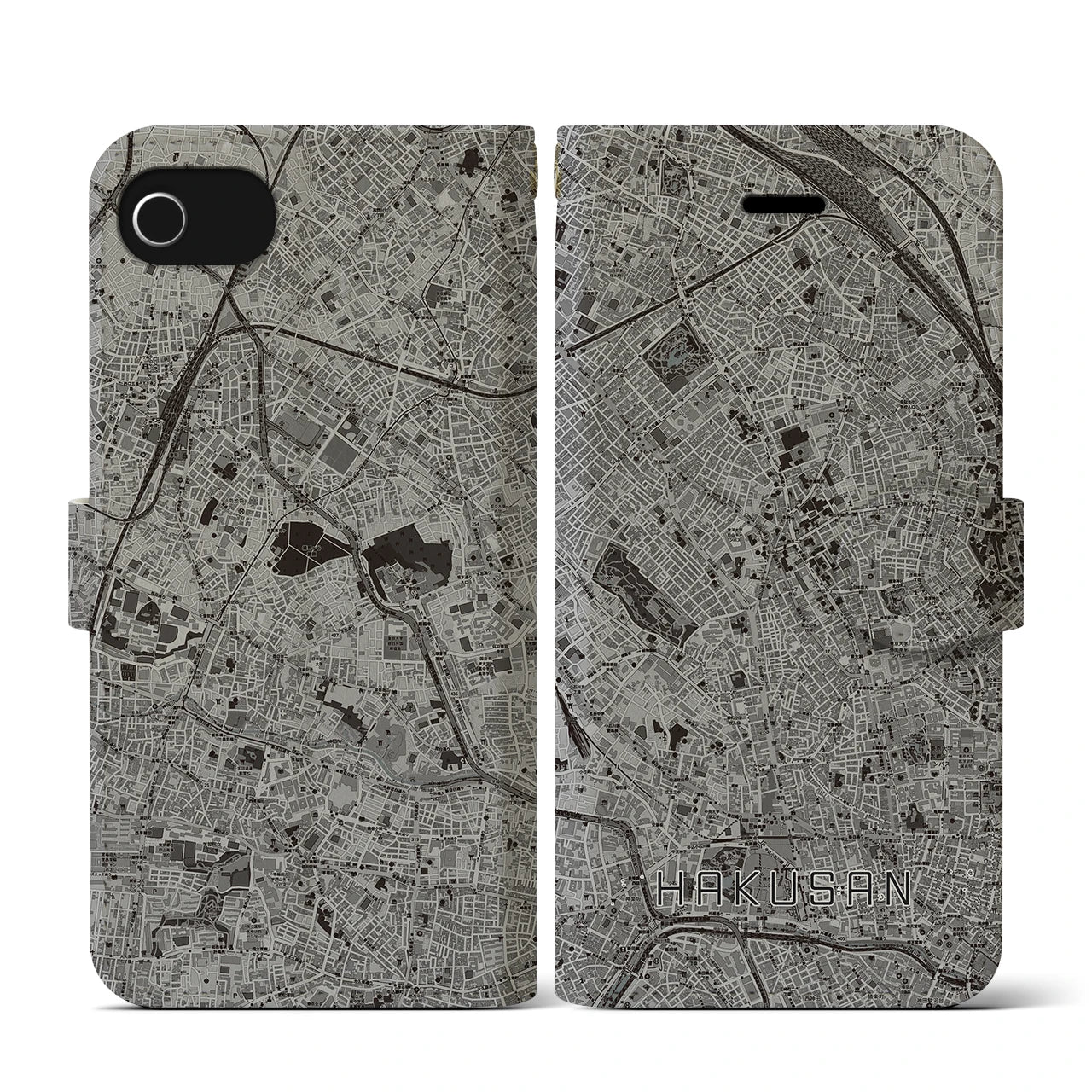 【白山(東京都)】地図柄iPhoneケース(手帳タイプ)モノトーン・iPhone SE(第3 / 第2世代) / 8 / 7 / 6s / 6 用
