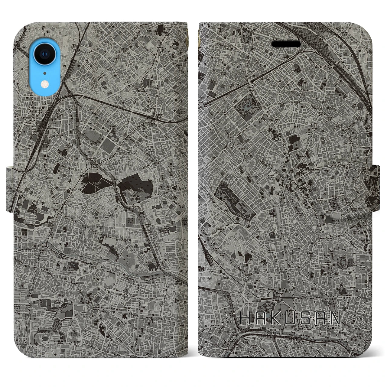 【白山(東京都)】地図柄iPhoneケース(手帳タイプ)モノトーン・iPhone XR 用