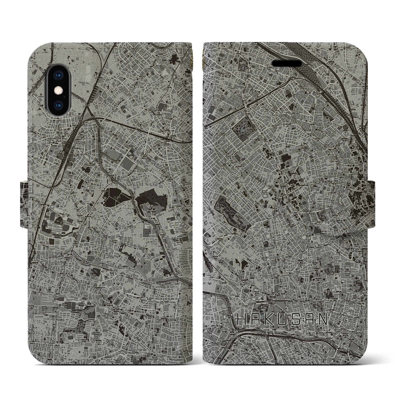 【白山(東京都)】地図柄iPhoneケース(手帳タイプ)モノトーン・iPhone XS / X 用