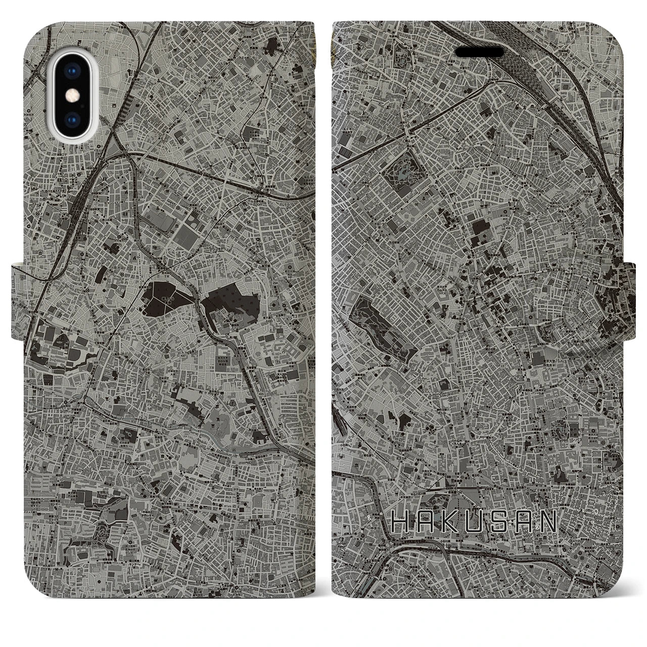 【白山(東京都)】地図柄iPhoneケース(手帳タイプ)モノトーン・iPhone XS Max 用