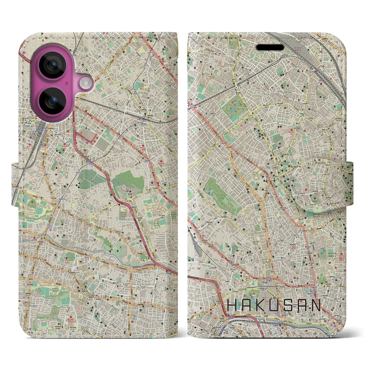 【白山(東京都)】地図柄iPhoneケース(手帳タイプ)ナチュラル・iPhone 16 Pro 用