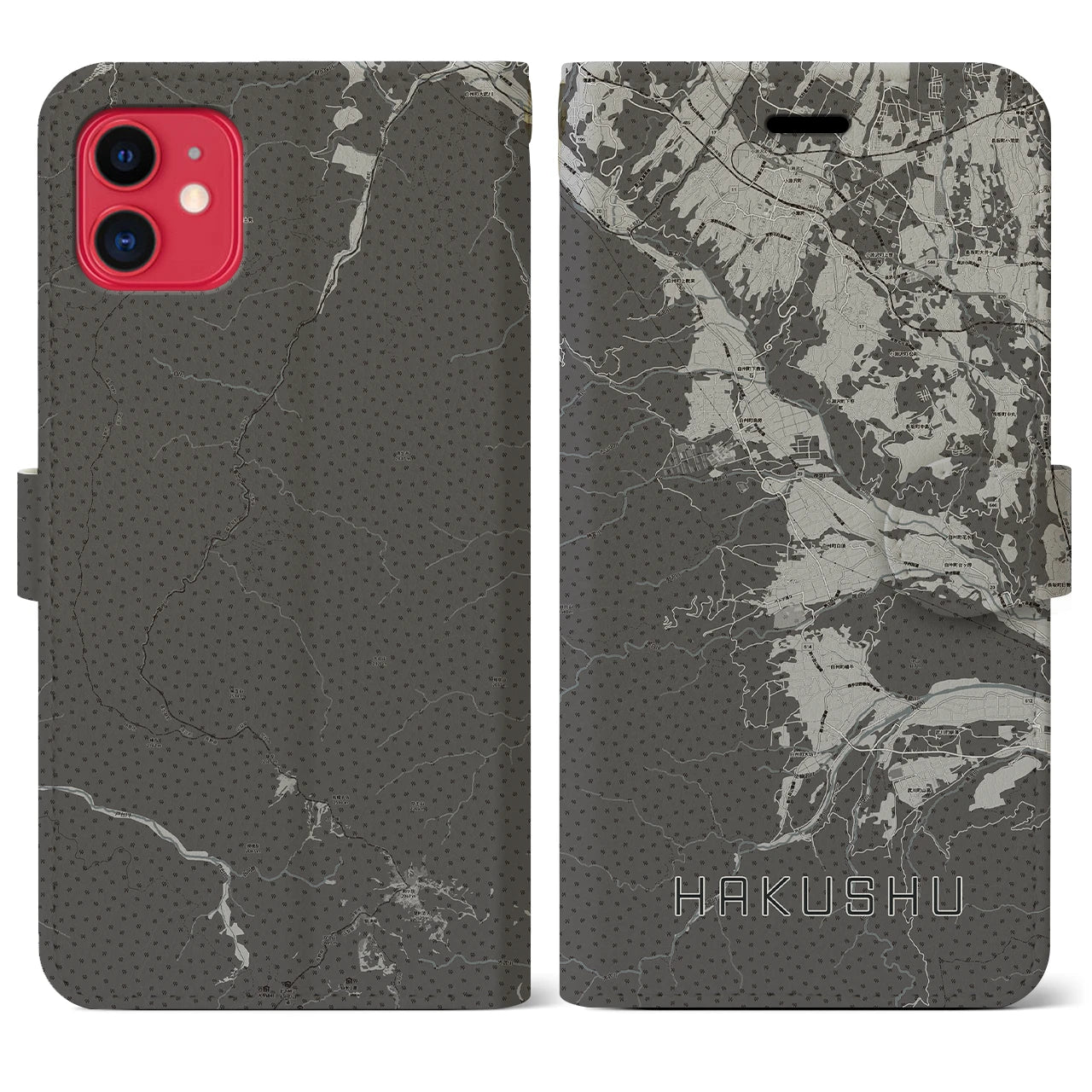 【白州(山梨県)】地図柄iPhoneケース(手帳タイプ)モノトーン・iPhone 11 用