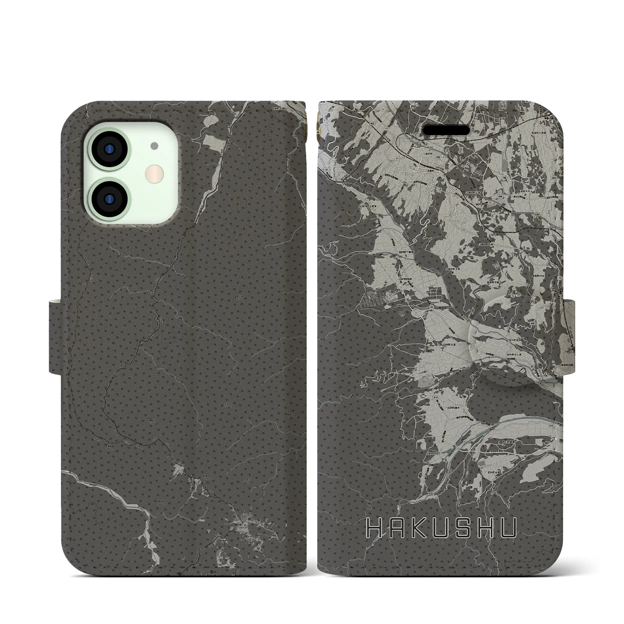 【白州(山梨県)】地図柄iPhoneケース(手帳タイプ)モノトーン・iPhone 12 mini 用