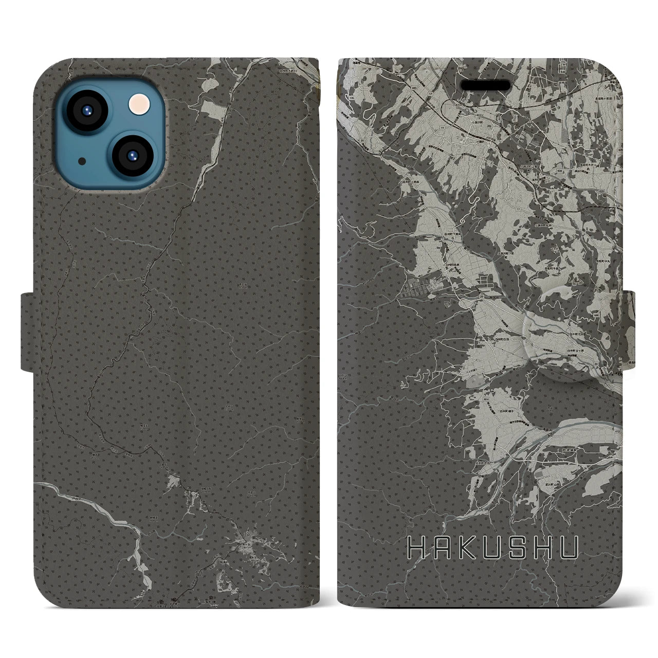 【白州(山梨県)】地図柄iPhoneケース(手帳タイプ)モノトーン・iPhone 13 用