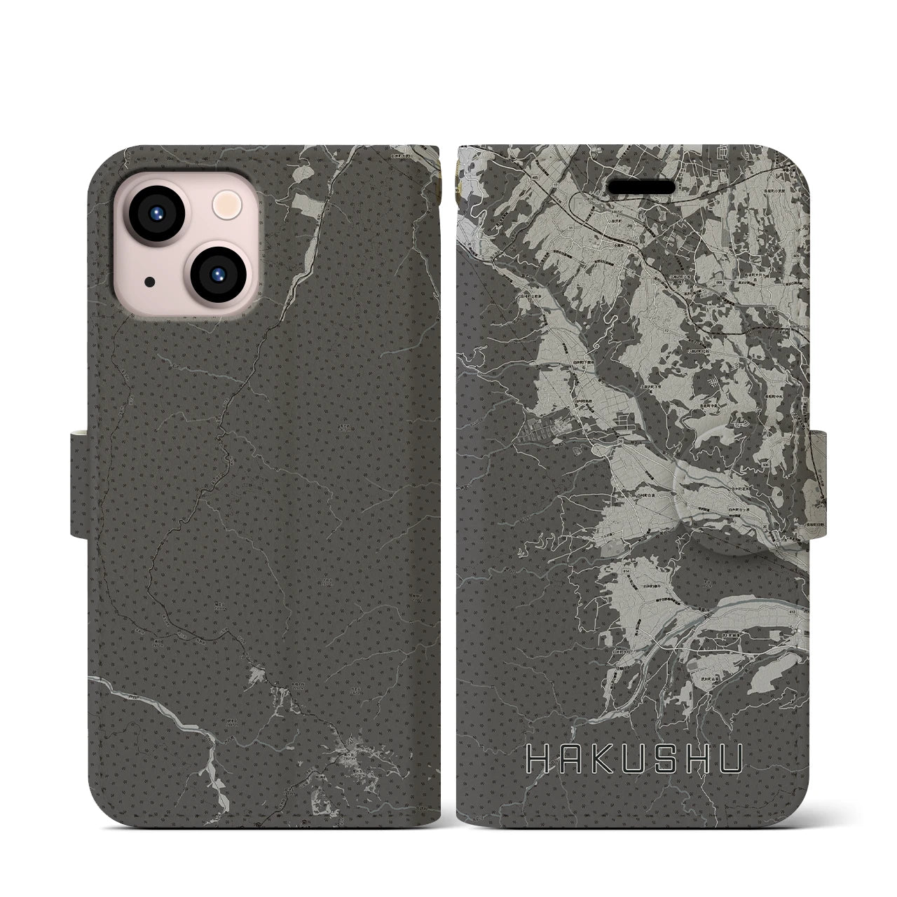 【白州(山梨県)】地図柄iPhoneケース(手帳タイプ)モノトーン・iPhone 13 mini 用