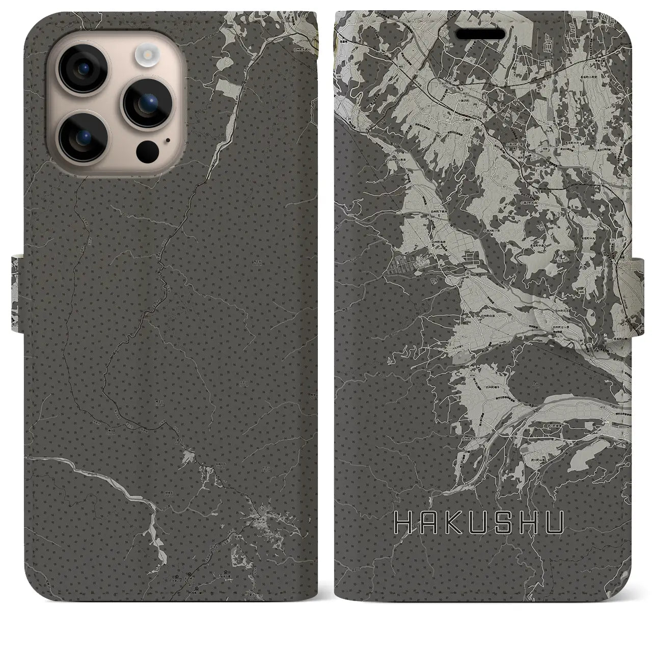 【白州(山梨県)】地図柄iPhoneケース(手帳タイプ)モノトーン・iPhone 16 Plus 用