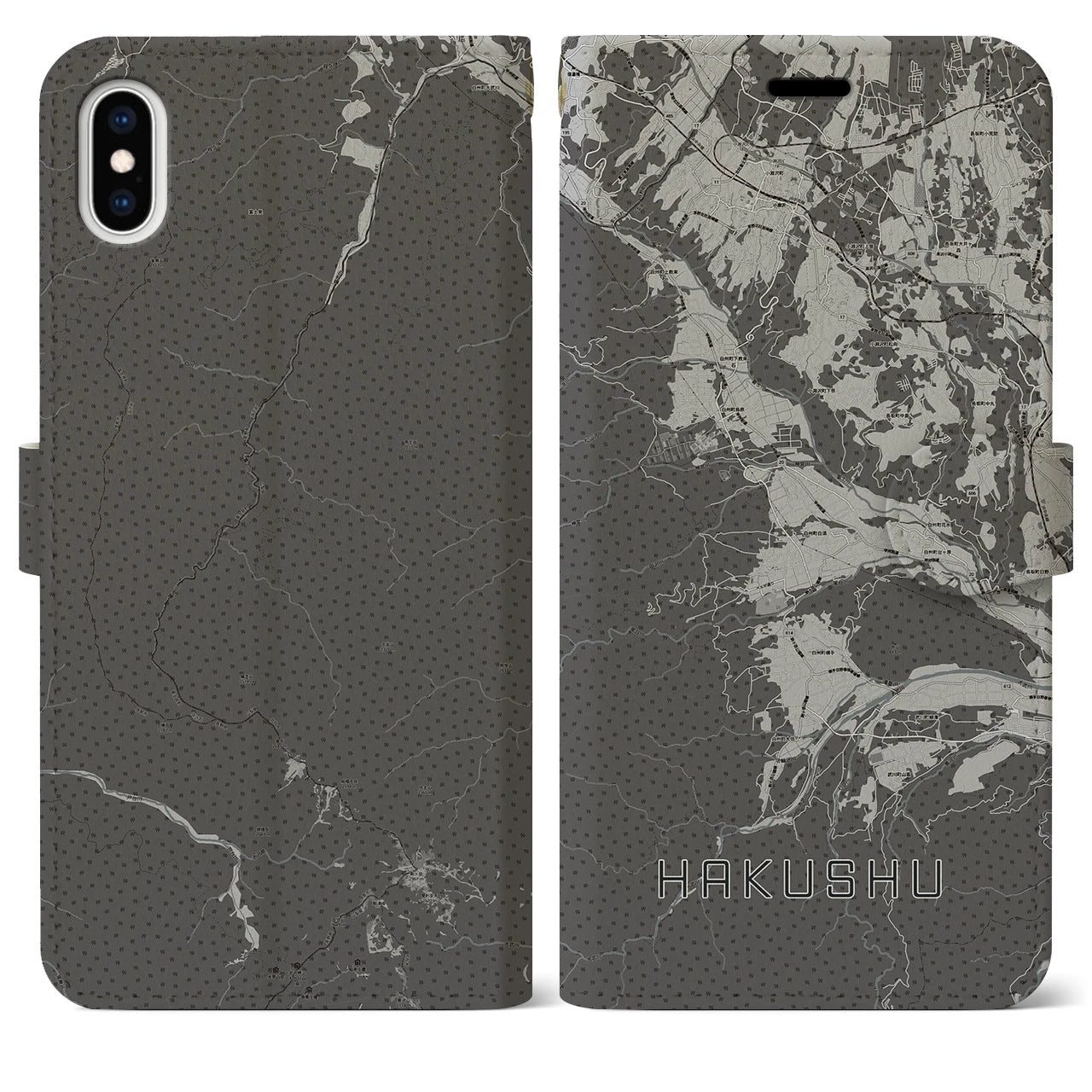 【白州(山梨県)】地図柄iPhoneケース(手帳タイプ)モノトーン・iPhone XS Max 用
