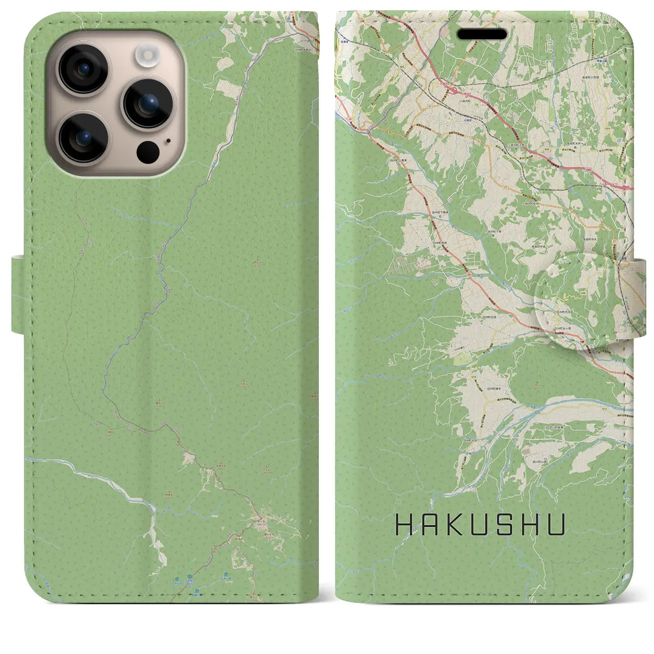 【白州(山梨県)】地図柄iPhoneケース(手帳タイプ)ナチュラル・iPhone 16 Plus 用