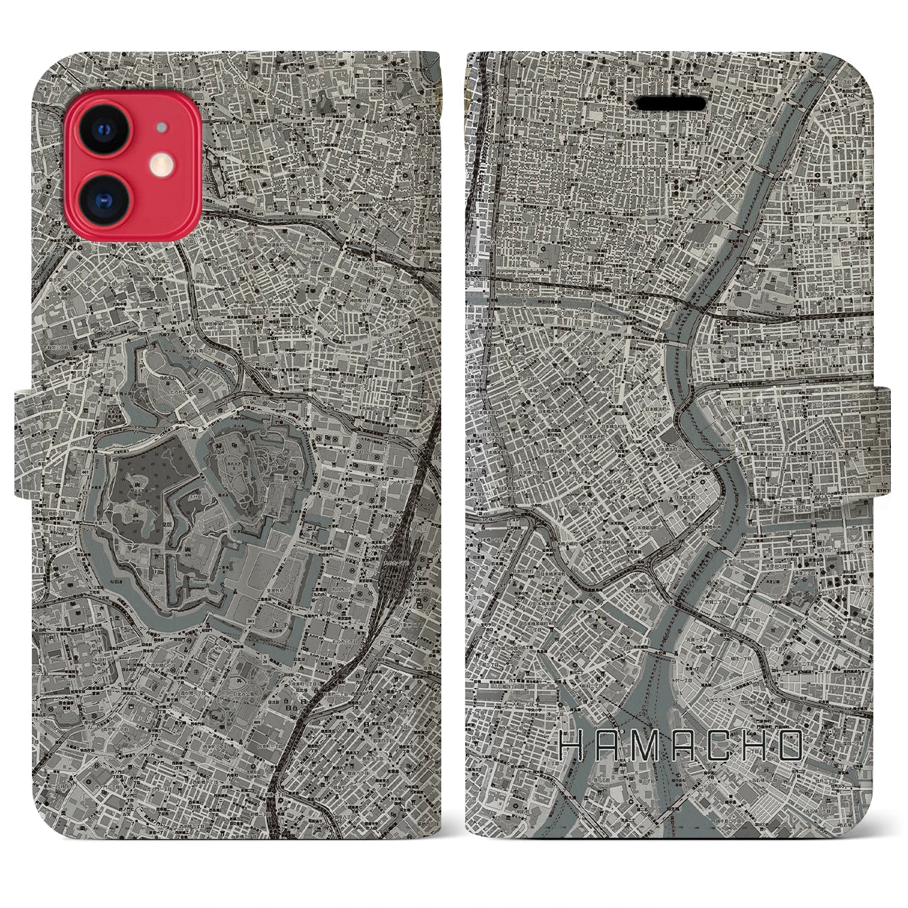 【浜町(東京都)】地図柄iPhoneケース(手帳タイプ)モノトーン・iPhone 11 用