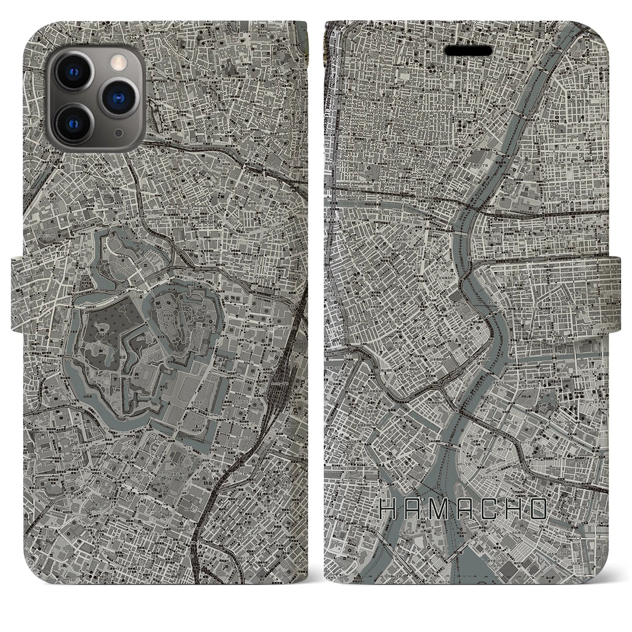 【浜町(東京都)】地図柄iPhoneケース(手帳タイプ)モノトーン・iPhone 11 Pro Max 用