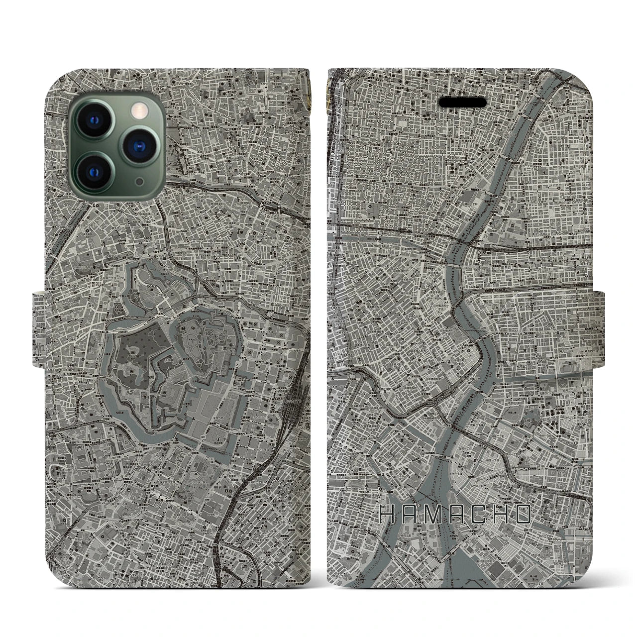 【浜町(東京都)】地図柄iPhoneケース(手帳タイプ)モノトーン・iPhone 11 Pro 用