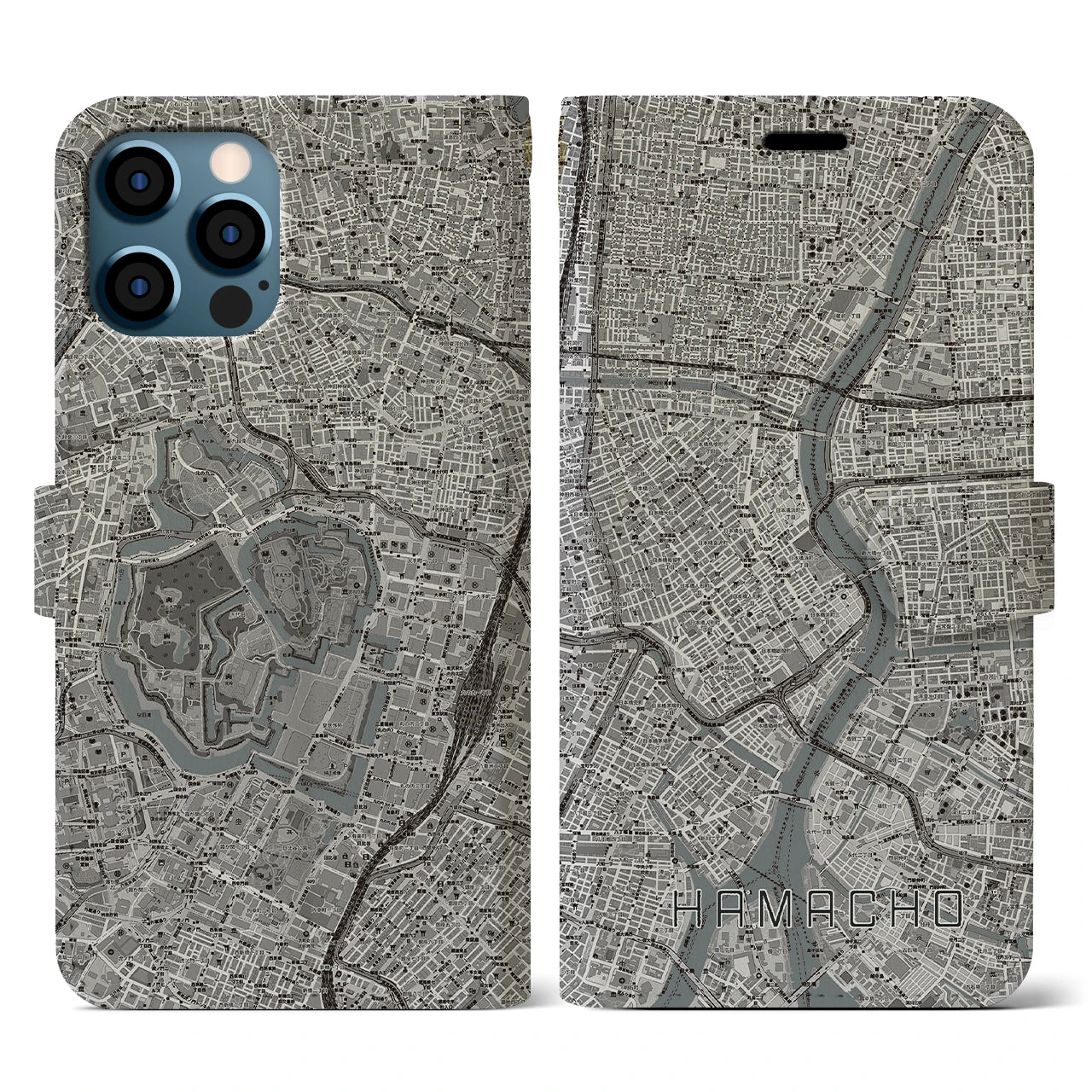 【浜町(東京都)】地図柄iPhoneケース(手帳タイプ)モノトーン・iPhone 12 / 12 Pro 用