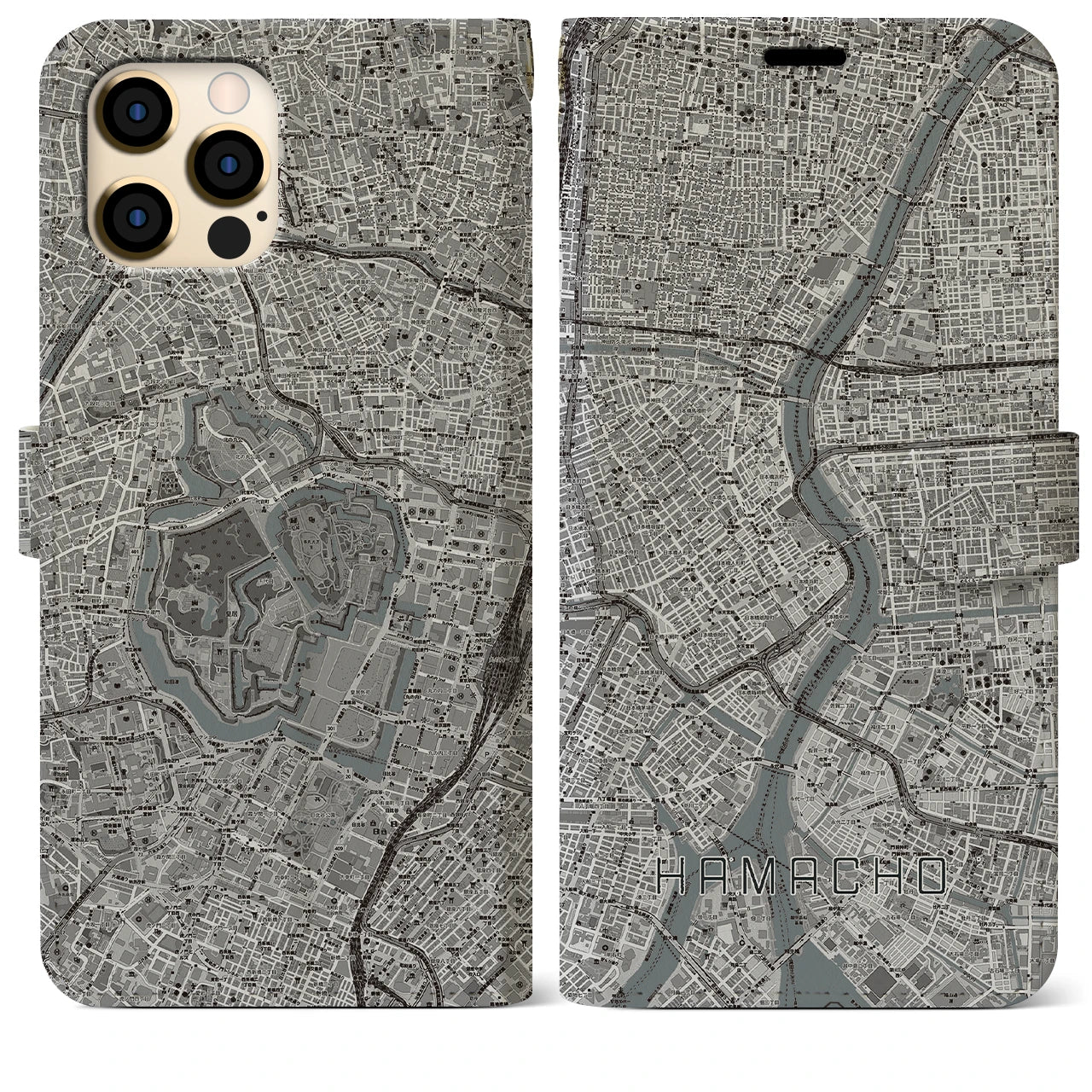 【浜町(東京都)】地図柄iPhoneケース(手帳タイプ)モノトーン・iPhone 12 Pro Max 用