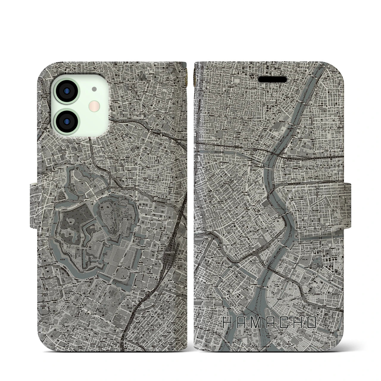 【浜町(東京都)】地図柄iPhoneケース(手帳タイプ)モノトーン・iPhone 12 mini 用