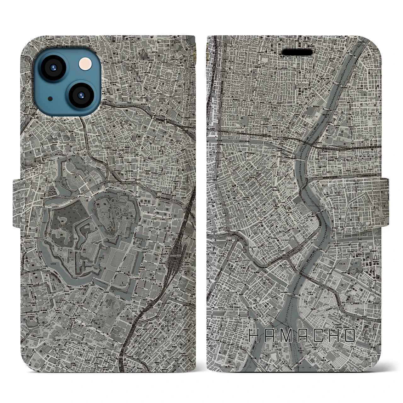 【浜町(東京都)】地図柄iPhoneケース(手帳タイプ)モノトーン・iPhone 13 用