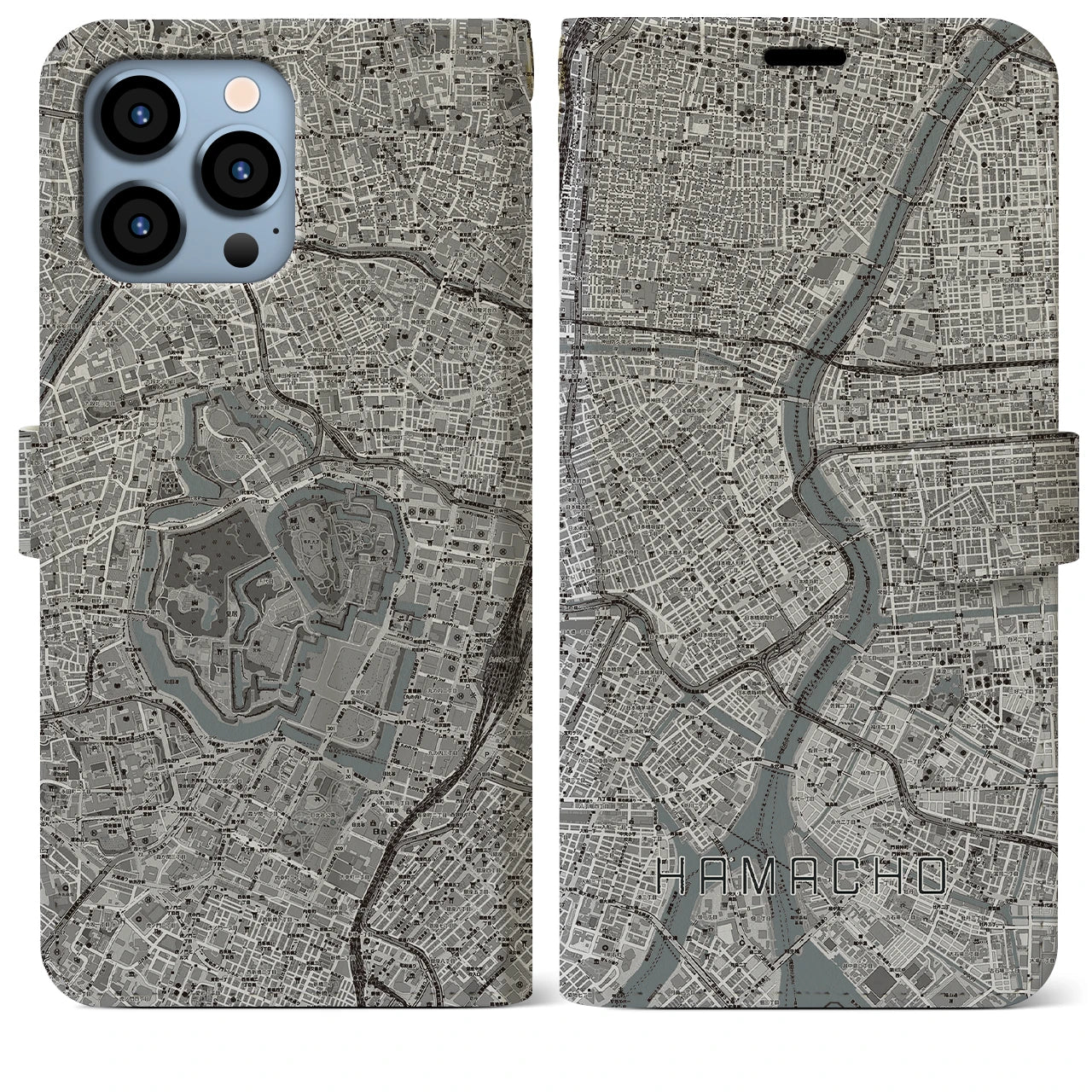 【浜町(東京都)】地図柄iPhoneケース(手帳タイプ)モノトーン・iPhone 13 Pro Max 用