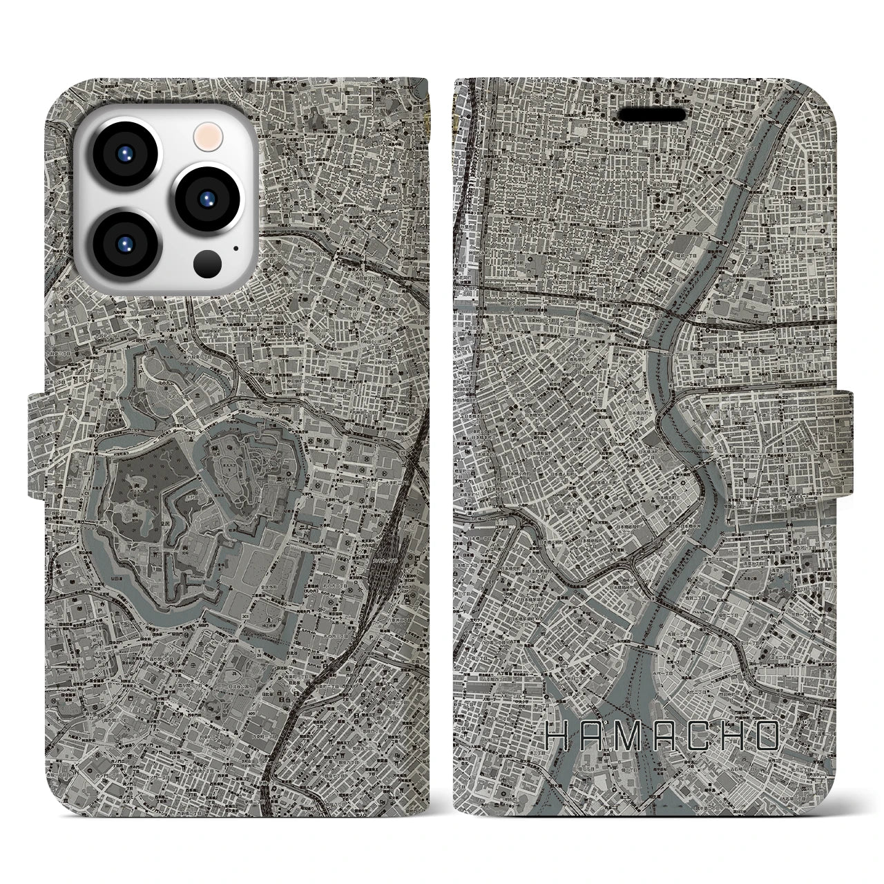 【浜町(東京都)】地図柄iPhoneケース(手帳タイプ)モノトーン・iPhone 13 Pro 用