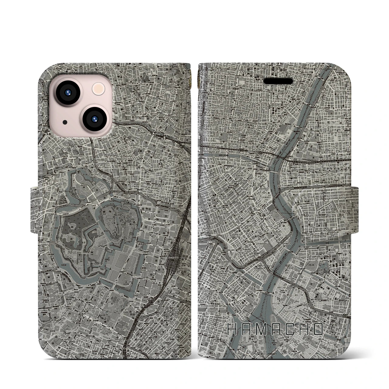 【浜町(東京都)】地図柄iPhoneケース(手帳タイプ)モノトーン・iPhone 13 mini 用