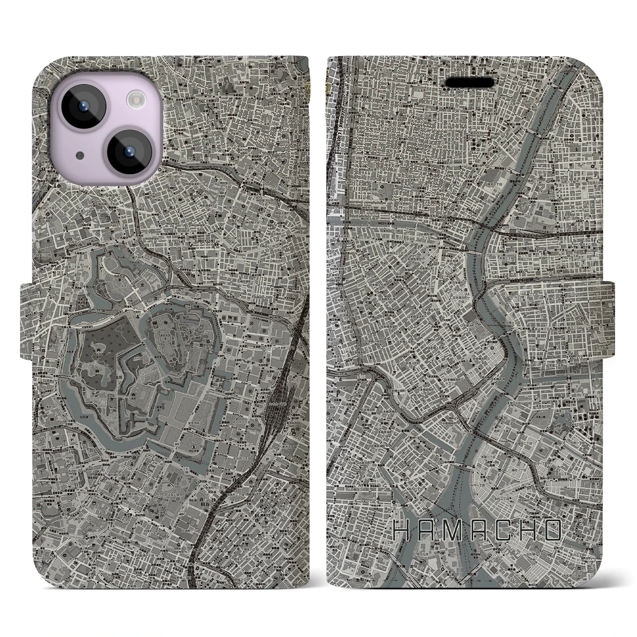 【浜町(東京都)】地図柄iPhoneケース(手帳タイプ)モノトーン・iPhone 14 用