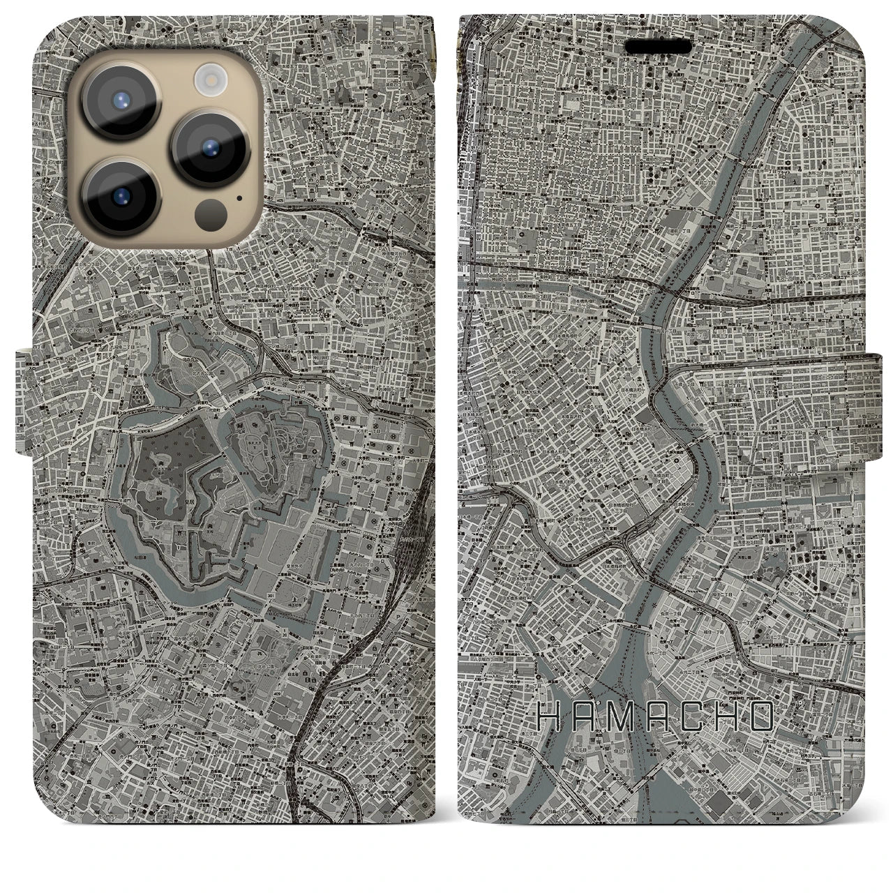 【浜町(東京都)】地図柄iPhoneケース(手帳タイプ)モノトーン・iPhone 14 Pro Max 用