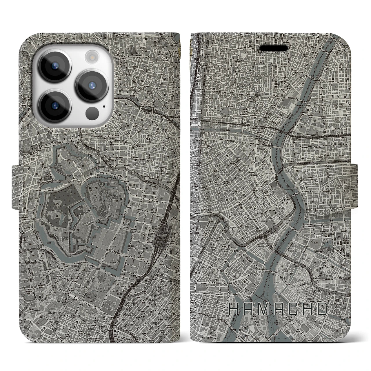 【浜町(東京都)】地図柄iPhoneケース(手帳タイプ)モノトーン・iPhone 14 Pro 用