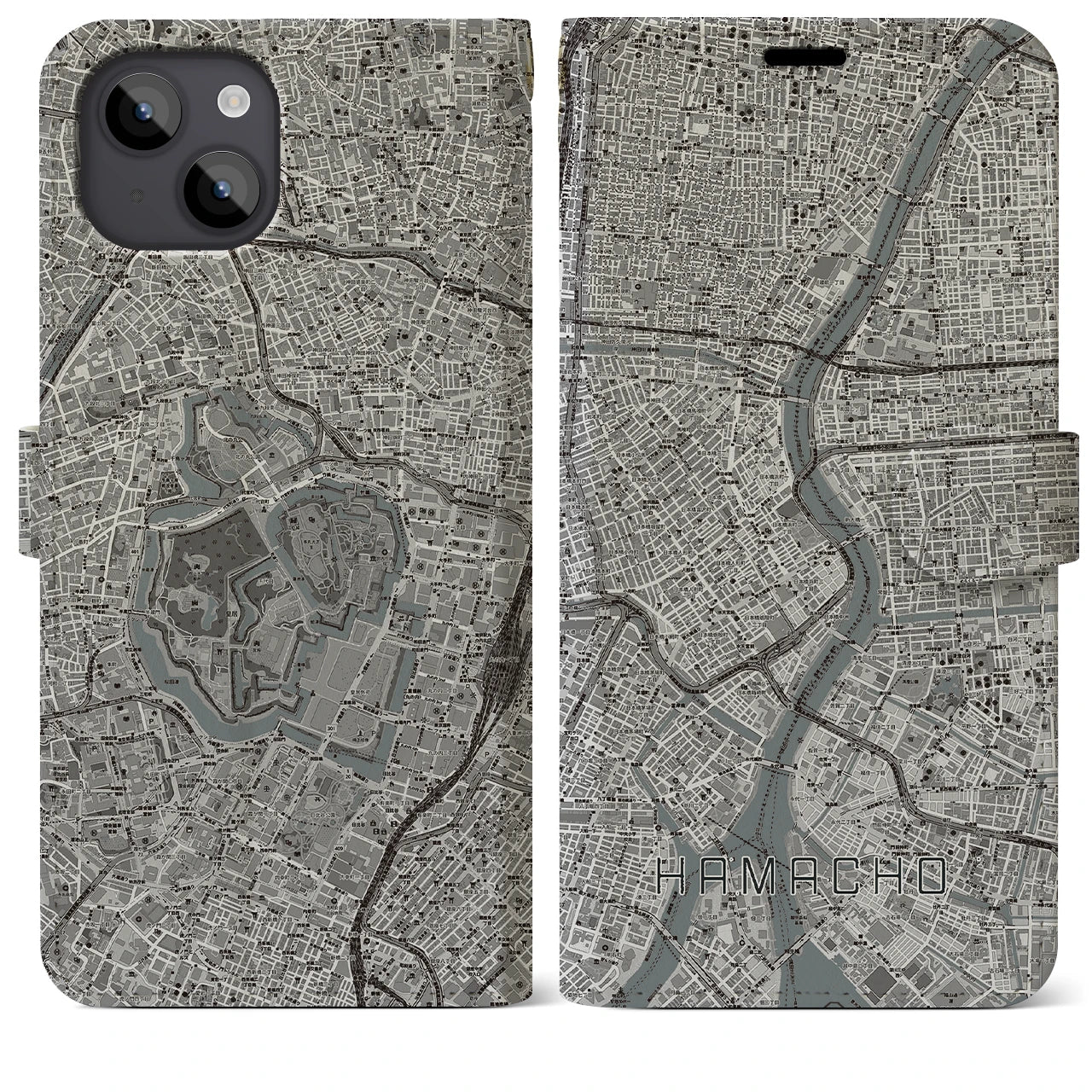 【浜町(東京都)】地図柄iPhoneケース(手帳タイプ)モノトーン・iPhone 14 Plus 用