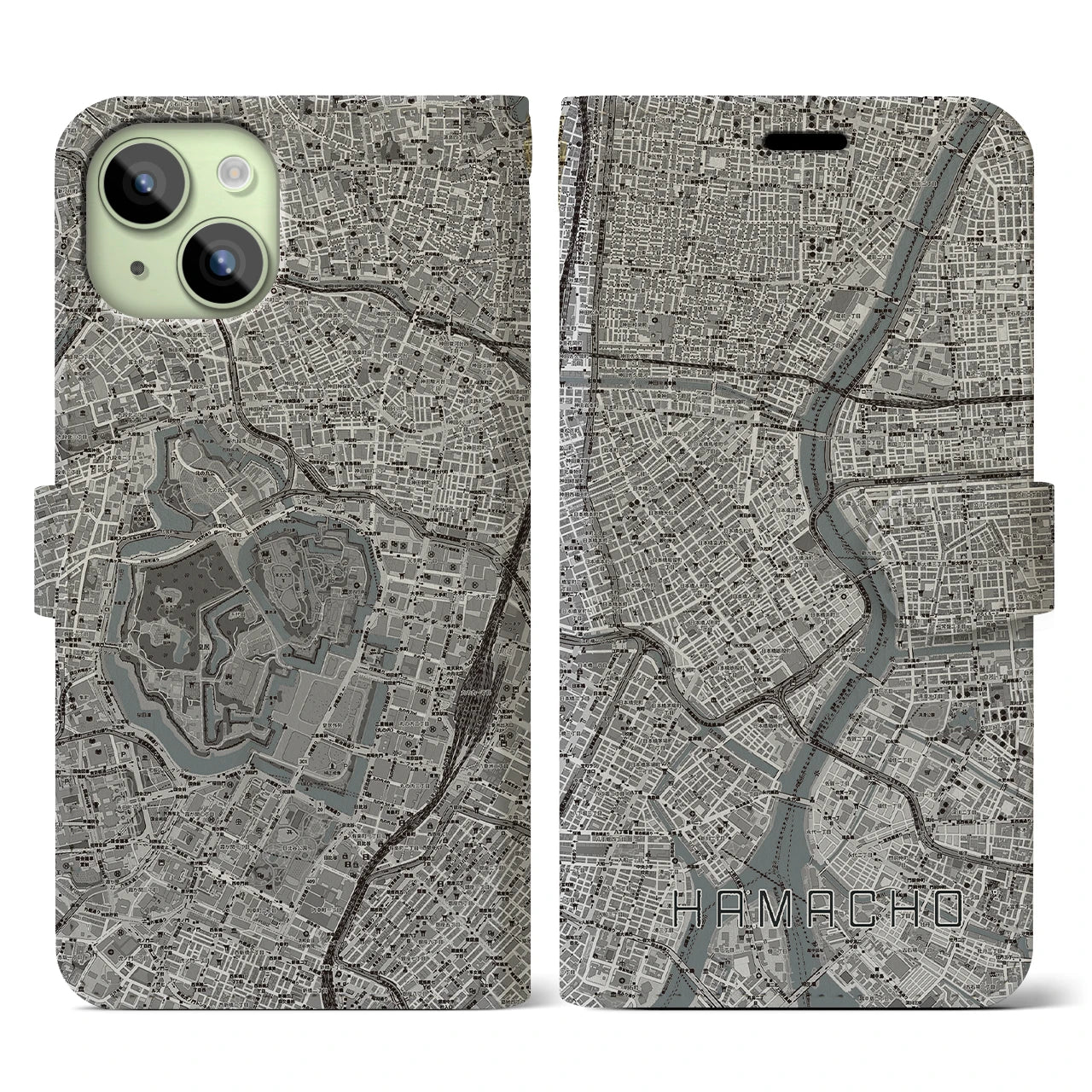 【浜町(東京都)】地図柄iPhoneケース(手帳タイプ)モノトーン・iPhone 15 用