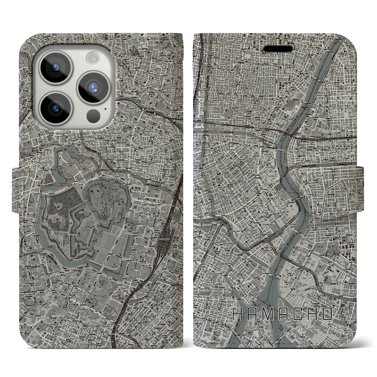 【浜町(東京都)】地図柄iPhoneケース(手帳タイプ)モノトーン・iPhone 15 Pro 用