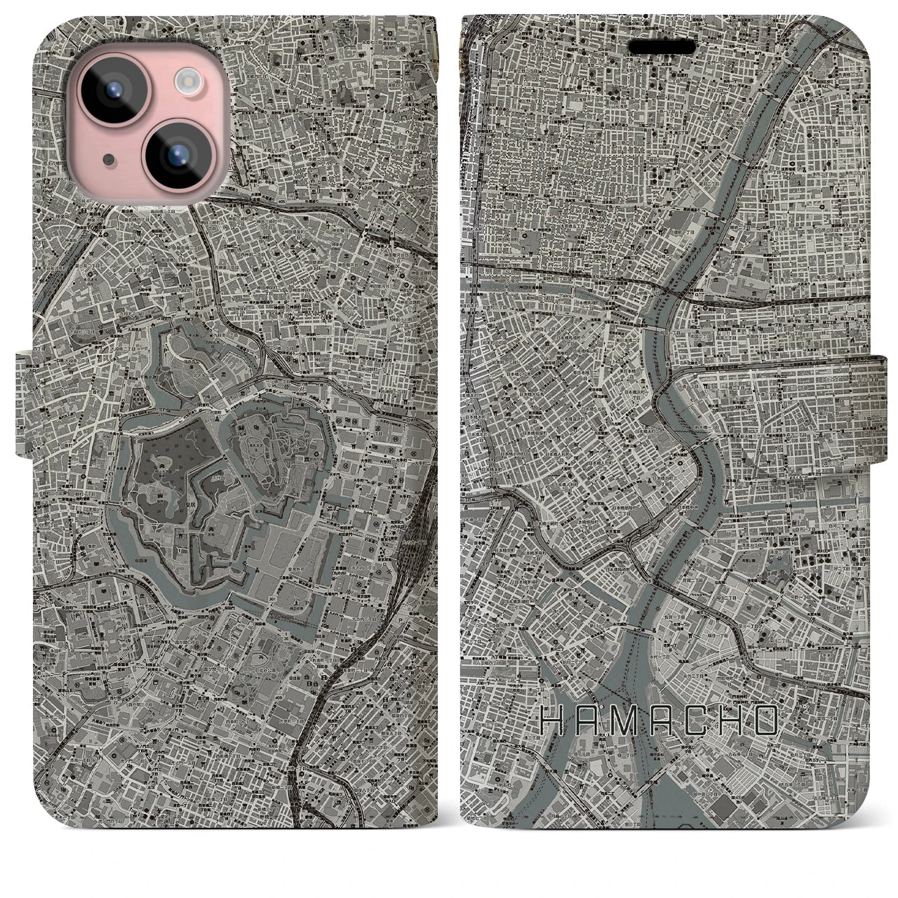 【浜町(東京都)】地図柄iPhoneケース(手帳タイプ)モノトーン・iPhone 15 Plus 用