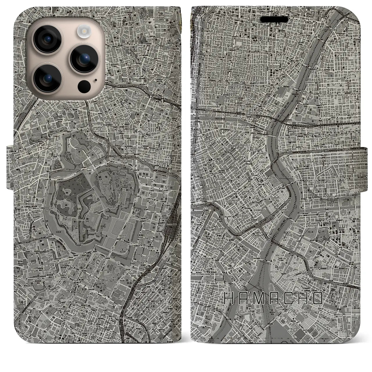 【浜町(東京都)】地図柄iPhoneケース(手帳タイプ)モノトーン・iPhone 16 Plus 用