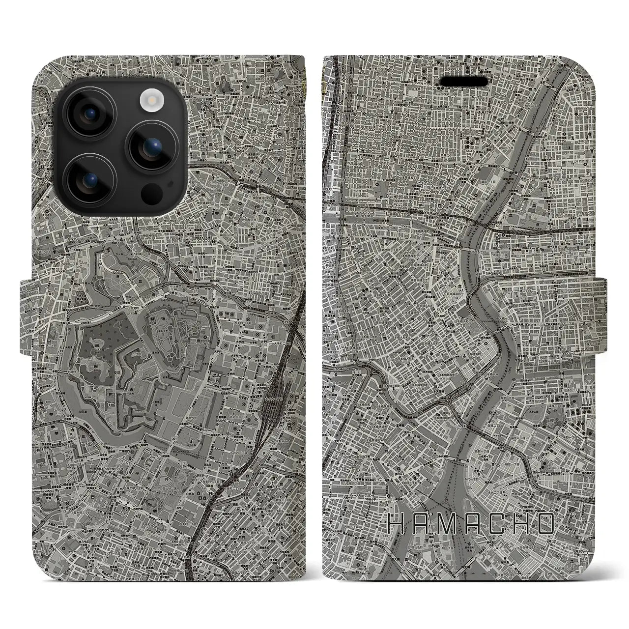 【浜町(東京都)】地図柄iPhoneケース(手帳タイプ)モノトーン・iPhone 16 用