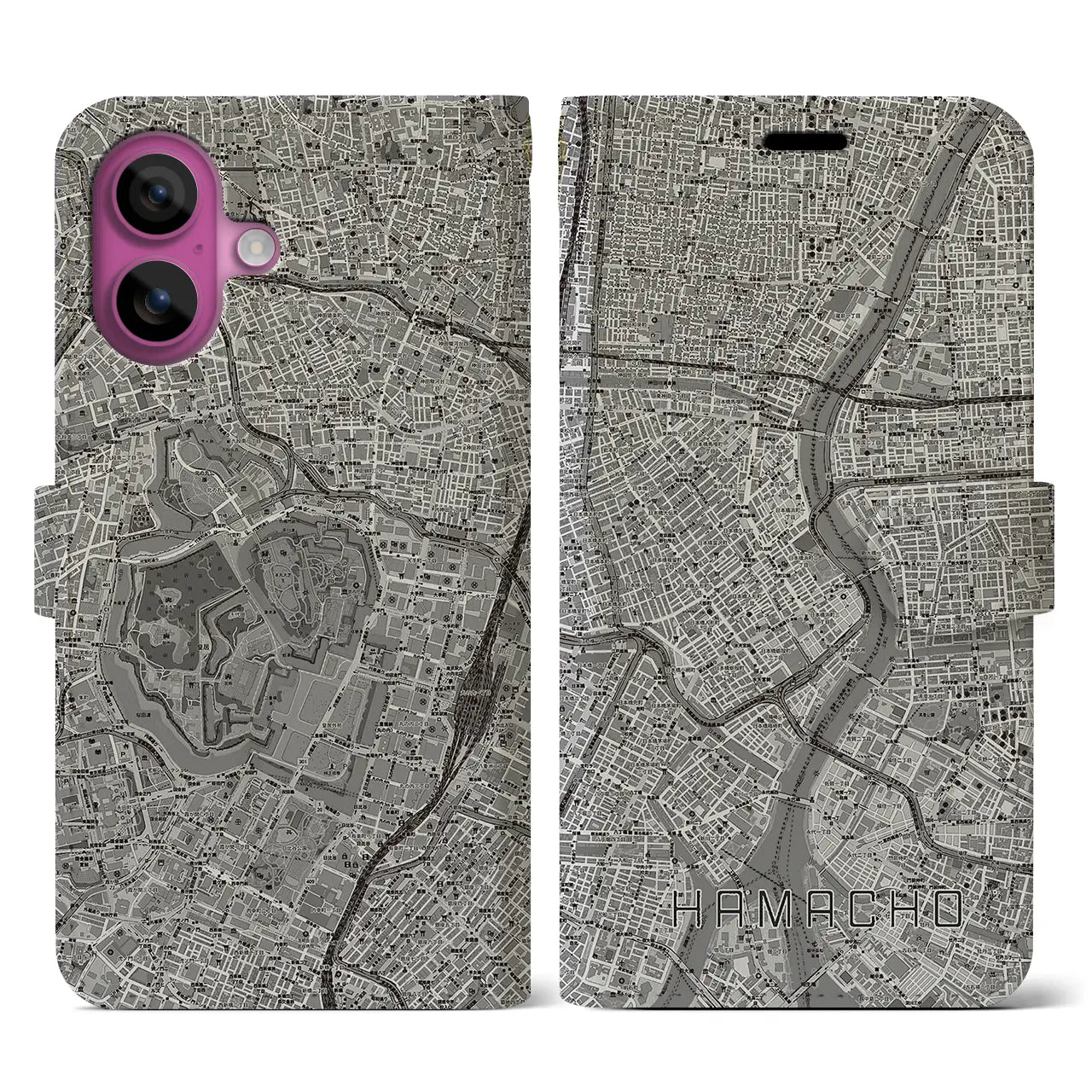 【浜町(東京都)】地図柄iPhoneケース(手帳タイプ)モノトーン・iPhone 16 Pro 用