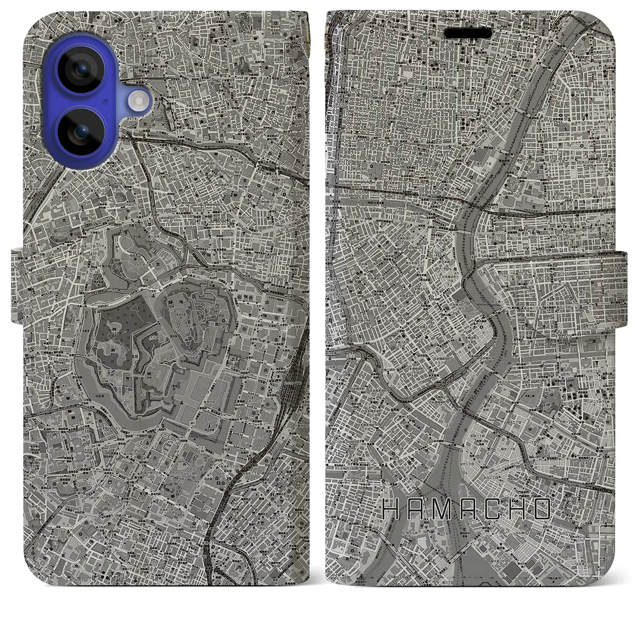 【浜町(東京都)】地図柄iPhoneケース(手帳タイプ)モノトーン・iPhone 16 Pro Max 用