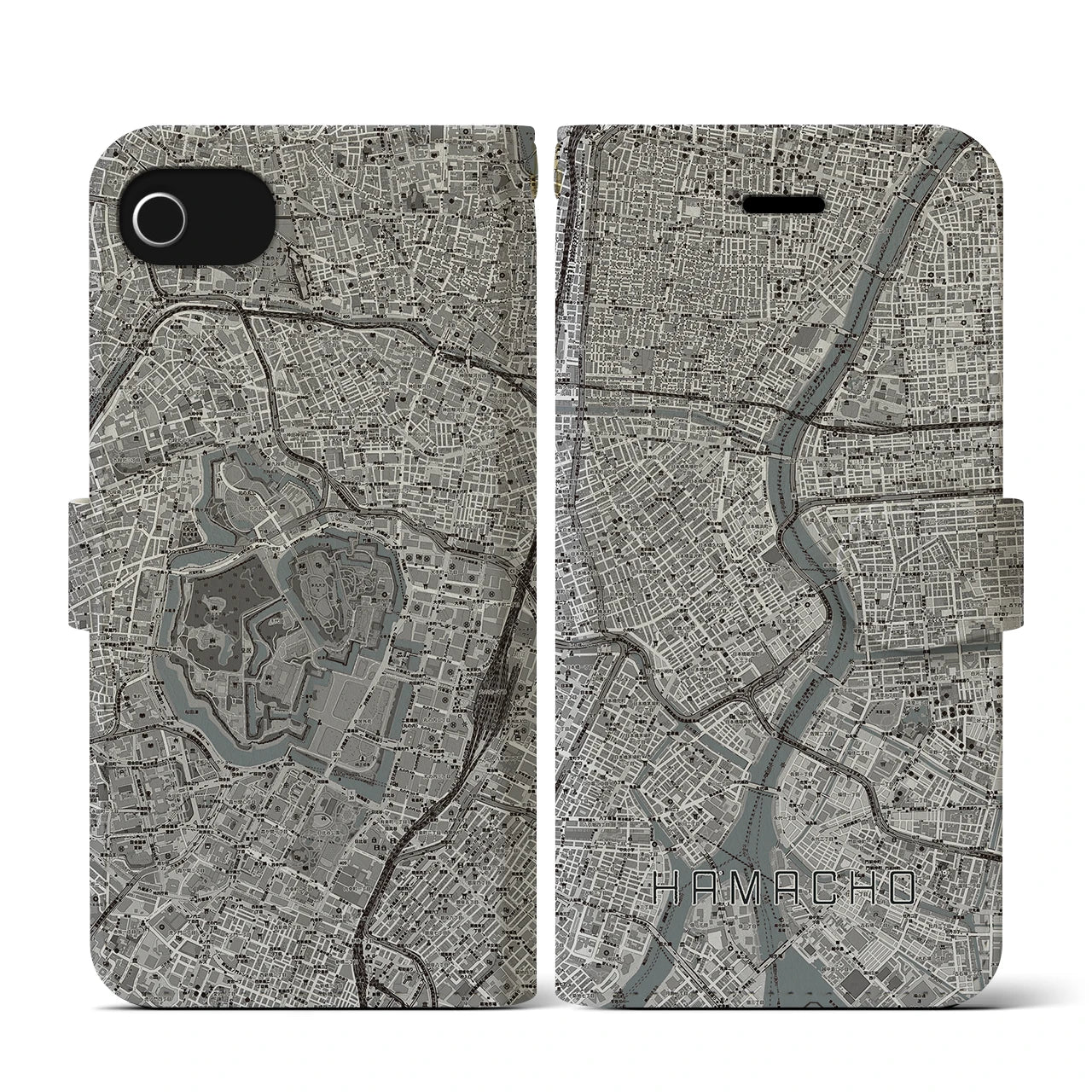 【浜町(東京都)】地図柄iPhoneケース(手帳タイプ)モノトーン・iPhone SE(第3 / 第2世代) / 8 / 7 / 6s / 6 用