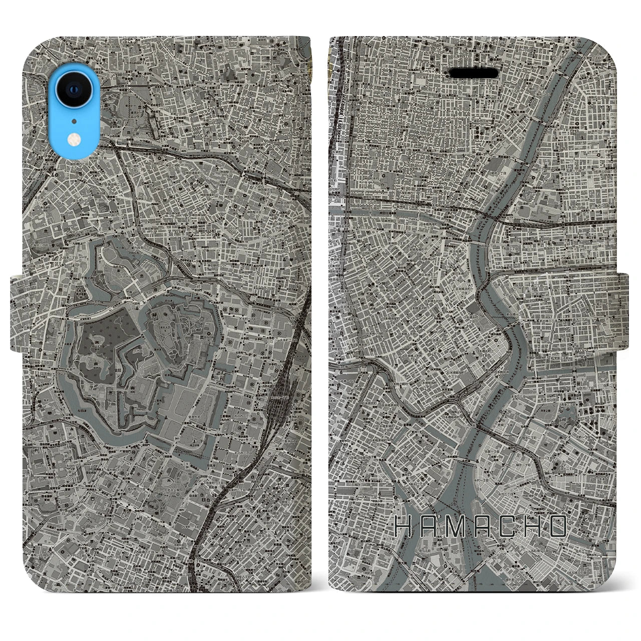 【浜町(東京都)】地図柄iPhoneケース(手帳タイプ)モノトーン・iPhone XR 用