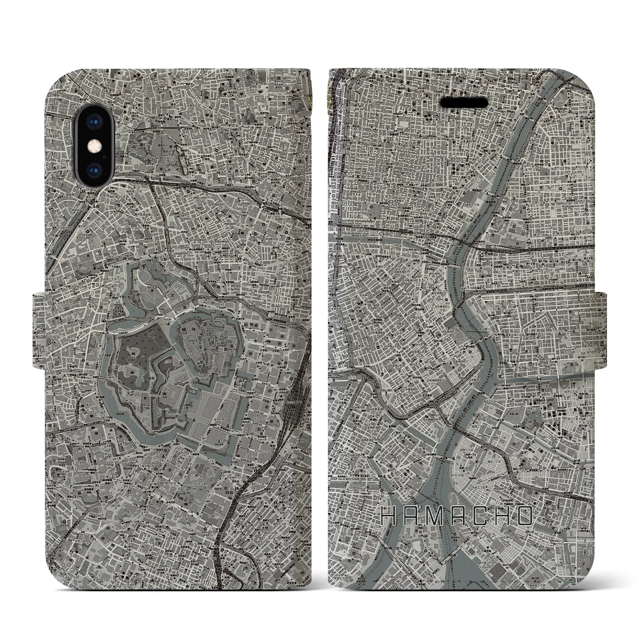 【浜町(東京都)】地図柄iPhoneケース(手帳タイプ)モノトーン・iPhone XS / X 用