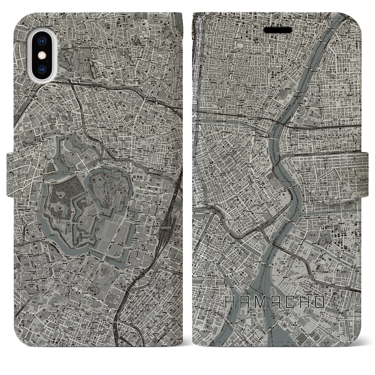 【浜町(東京都)】地図柄iPhoneケース(手帳タイプ)モノトーン・iPhone XS Max 用