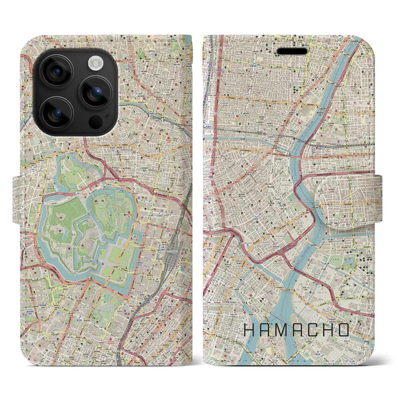 【浜町(東京都)】地図柄iPhoneケース(手帳タイプ)ナチュラル・iPhone 16 用