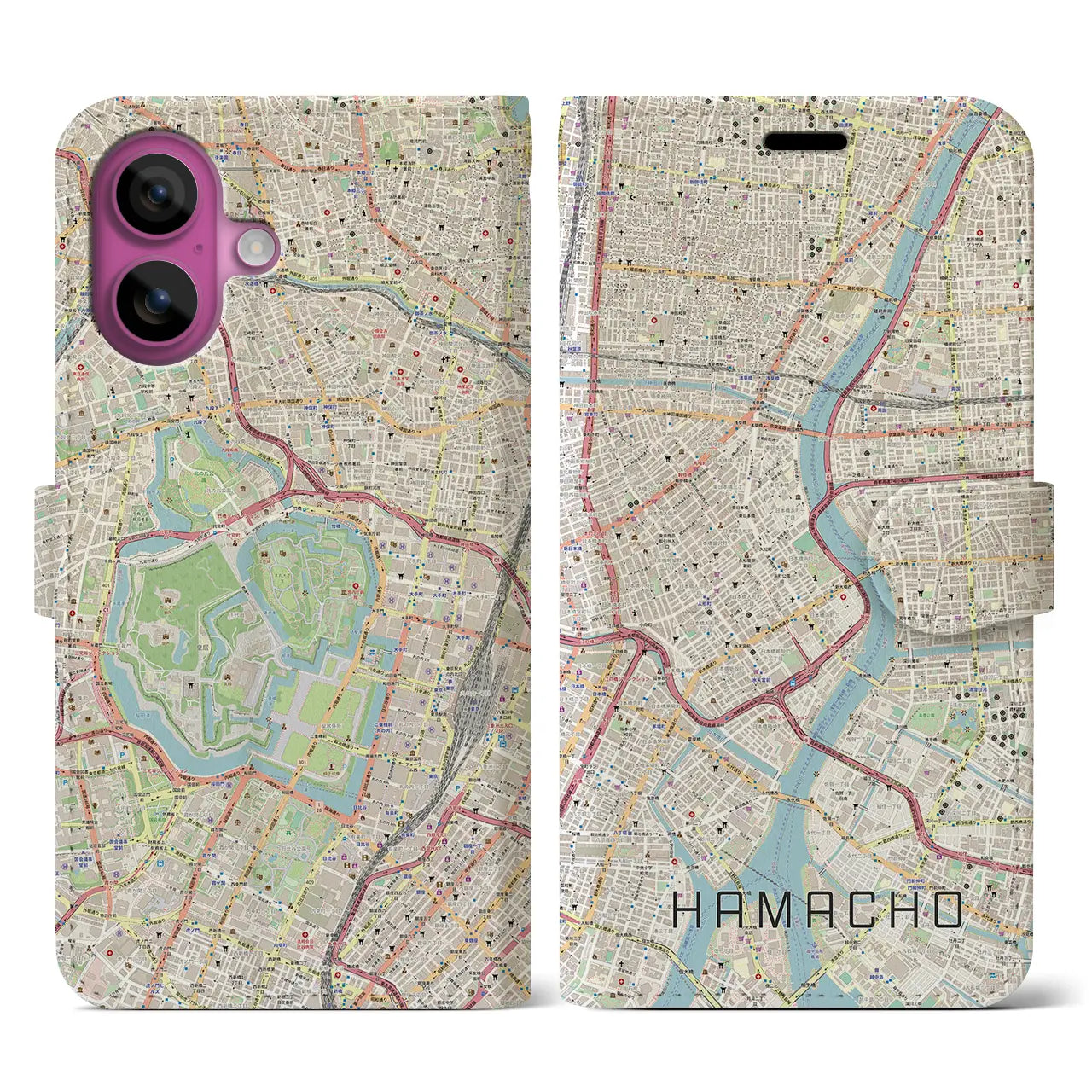 【浜町(東京都)】地図柄iPhoneケース(手帳タイプ)ナチュラル・iPhone 16 Pro 用